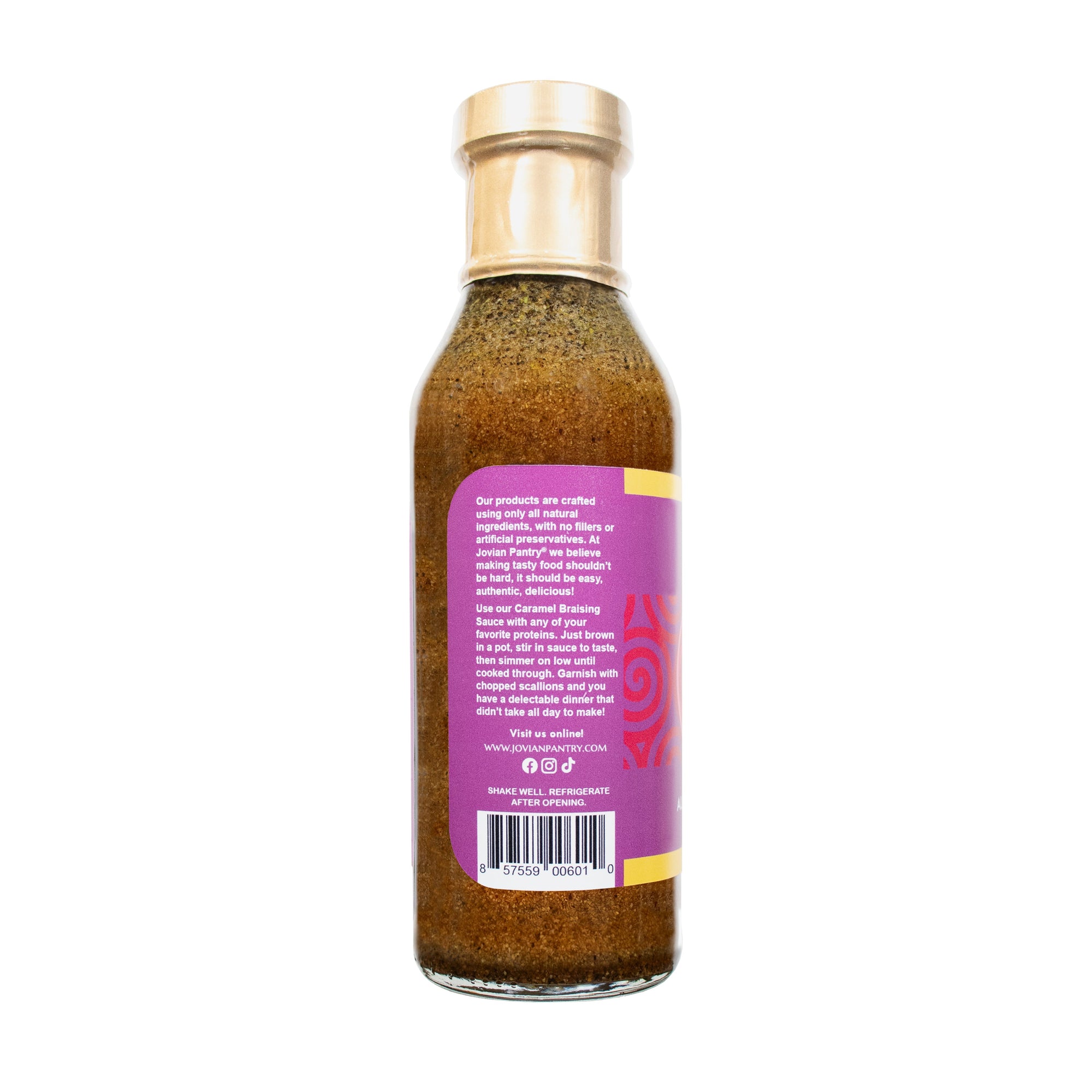 Side view of a bottle of Jovian Pantry Vietnamese Caramel Braising Sauce.