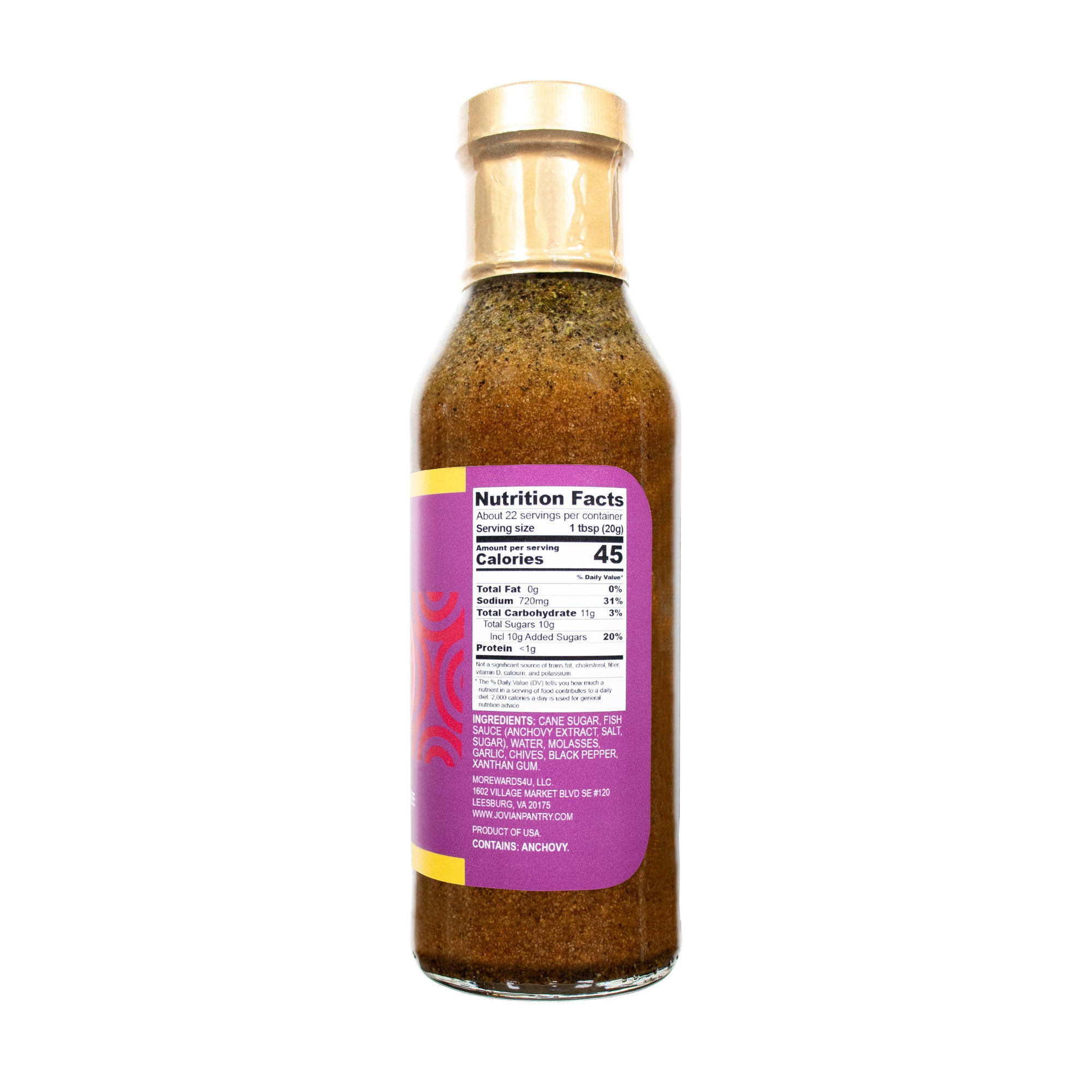 A side view of Jovian Pantry Caramel Braising Sauce with the nutritional label.